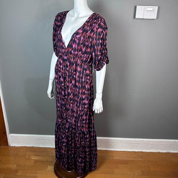 Anthropologie Maxi Dress Large Printed Ruched-Sleeve‎ purple cottagecore v-neck